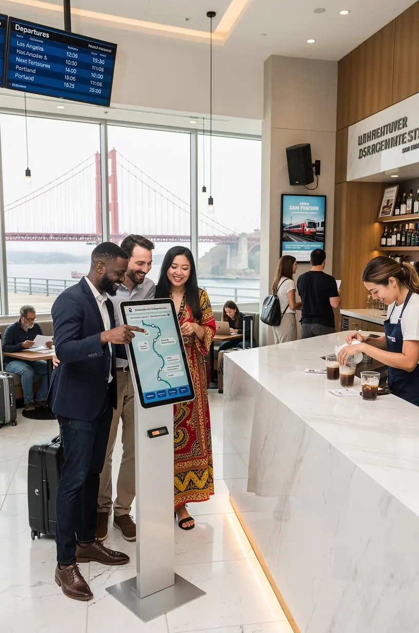 Комфортная зона отдыха на железнодорожной станции с зарядными станциями и бесплатным Wi-Fi для удобства пассажиров.