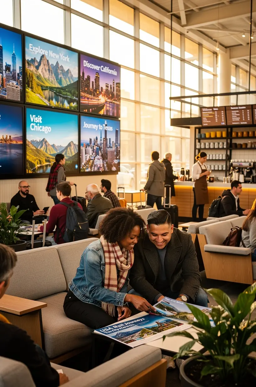 Пассажир использует интерактивный киоск для мгновенного бронирования билетов на поезд в популярных городах США.